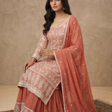 Peach Chikankari Embroidered Sharara Set With Sequin Dupatta