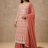 Peach Chikankari Embroidered Sharara Set With Sequin Dupatta