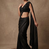 Black Satin Pre-Draped Saree Gown With Embellished Cutout Blouse