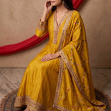 Mustard Yellow Anarkali Set With Multicolor Floral Border Embroidery