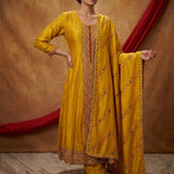 Mustard Yellow Salwar Set With Multicolor Mirror Embroidered Placket