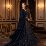 Midnight Navy Velvet Bridal Lehenga Set With Sequin Stripe Embellishment