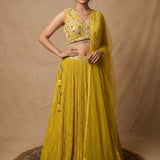Lime Yellow Mirror Work Lehenga Set With Tasseled Latkan