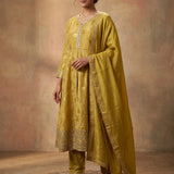 Mustard Gold Woven Floral Front-Slit Anarkali Set
