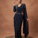 Navy Blue Pre-Draped Saree Gown With Embellished Long Jacket