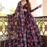 Navy Floral Printed Organza Lehenga With Wrap Blouse