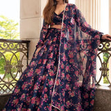 Navy Floral Printed Organza Lehenga With Wrap Blouse