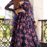Navy Floral Printed Organza Lehenga With Wrap Blouse