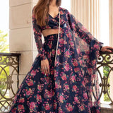 Navy Floral Printed Organza Lehenga With Wrap Blouse