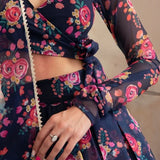 Navy Floral Printed Organza Lehenga With Wrap Blouse