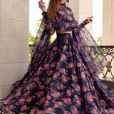 Navy Floral Printed Organza Lehenga With Wrap Blouse