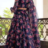 Navy Floral Printed Organza Lehenga With Wrap Blouse