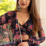 Navy Floral Printed Organza Lehenga With Wrap Blouse