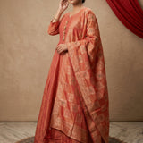 Rust Orange Polka Jacquard Anarkali Set With Banarasi Weave Dupatta