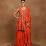Rich Orange Georgette Embroidered Peplum Set