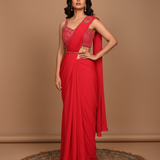 Dark Crimson Pink Tissue Georgette Draped Saree