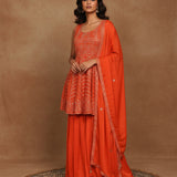 Rich Orange Georgette Embroidered Peplum Set