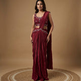 Wine Satin Silk Embroidered Draped Saree