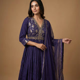 Dark Purple Chinon Silk Anarkali Set