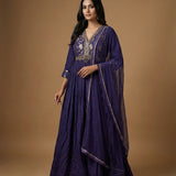 Dark Purple Chinon Silk Anarkali Set