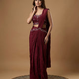 Wine Satin Silk Embroidered Draped Saree