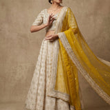 Off-White Embroidered Lehenga Set With Contrasting Mustard Yellow Dupatta