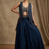 Navy Blue Silk Blend Embroidered Indo-Western Set