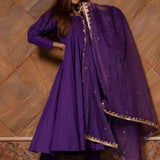 Royal Purple Cotton Anarkali Set With Button Placket