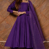 Royal Purple Cotton Anarkali Set With Button Placket