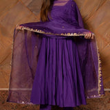 Royal Purple Cotton Anarkali Set With Button Placket