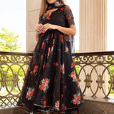 Jet Black Floral Printed Organza Anarkali Set With Sheer Dupatta