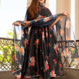 Jet Black Floral Printed Organza Anarkali Set With Sheer Dupatta