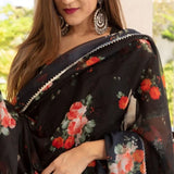 Jet Black Floral Printed Organza Anarkali Set With Sheer Dupatta