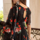Jet Black Floral Printed Organza Anarkali Set With Sheer Dupatta