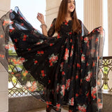Jet Black Floral Printed Organza Anarkali Set With Sheer Dupatta