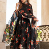 Jet Black Floral Printed Organza Anarkali Set With Sheer Dupatta