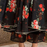 Jet Black Floral Printed Organza Anarkali Set With Sheer Dupatta