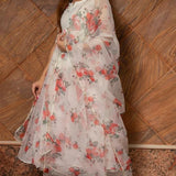 Ivory Floral Printed Organza Anarkali Set With Scalloped Edges