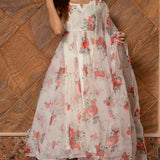 Ivory Floral Printed Organza Anarkali Set With Scalloped Edges
