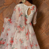 Ivory Floral Printed Organza Anarkali Set With Scalloped Edges