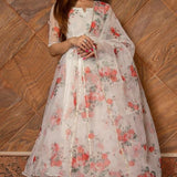 Ivory Floral Printed Organza Anarkali Set With Scalloped Edges
