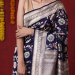 Prussian Blue Banarasi Silk Saree With Floral Jaal Weaving