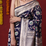 Prussian Blue Banarasi Silk Saree With Floral Jaal Weaving