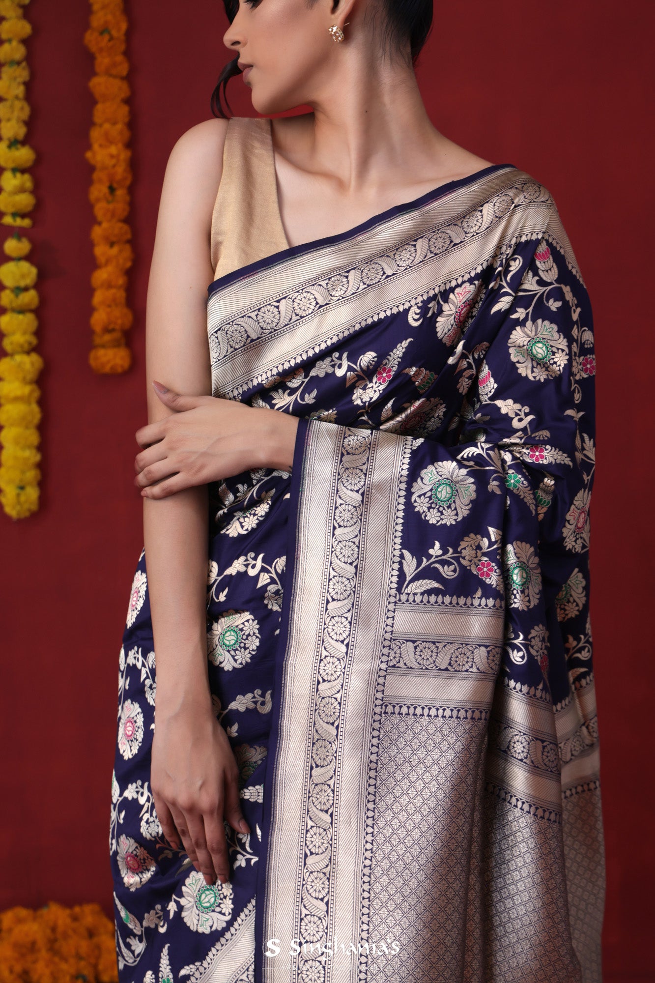Prussian Blue Banarasi Silk Saree With Floral Jaal Weaving