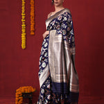 Prussian Blue Banarasi Silk Saree With Floral Jaal Weaving
