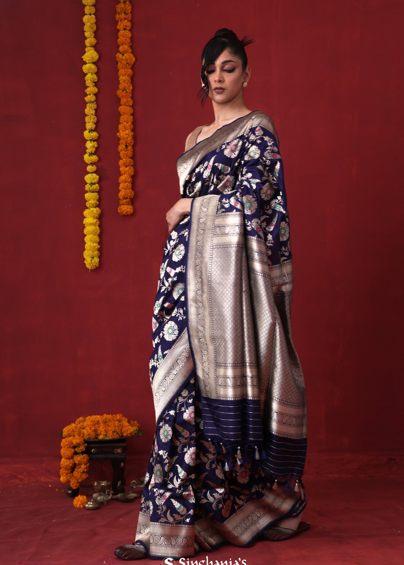 Prussian Blue Banarasi Silk Saree With Floral Jaal Weaving