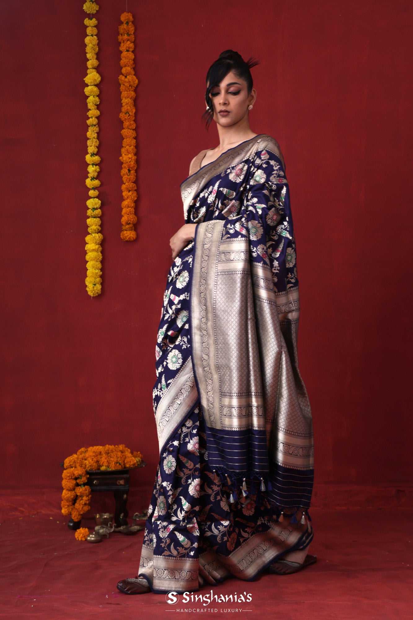Prussian Blue Banarasi Silk Saree With Floral Jaal Weaving