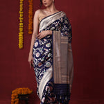 Prussian Blue Banarasi Silk Saree With Floral Jaal Weaving