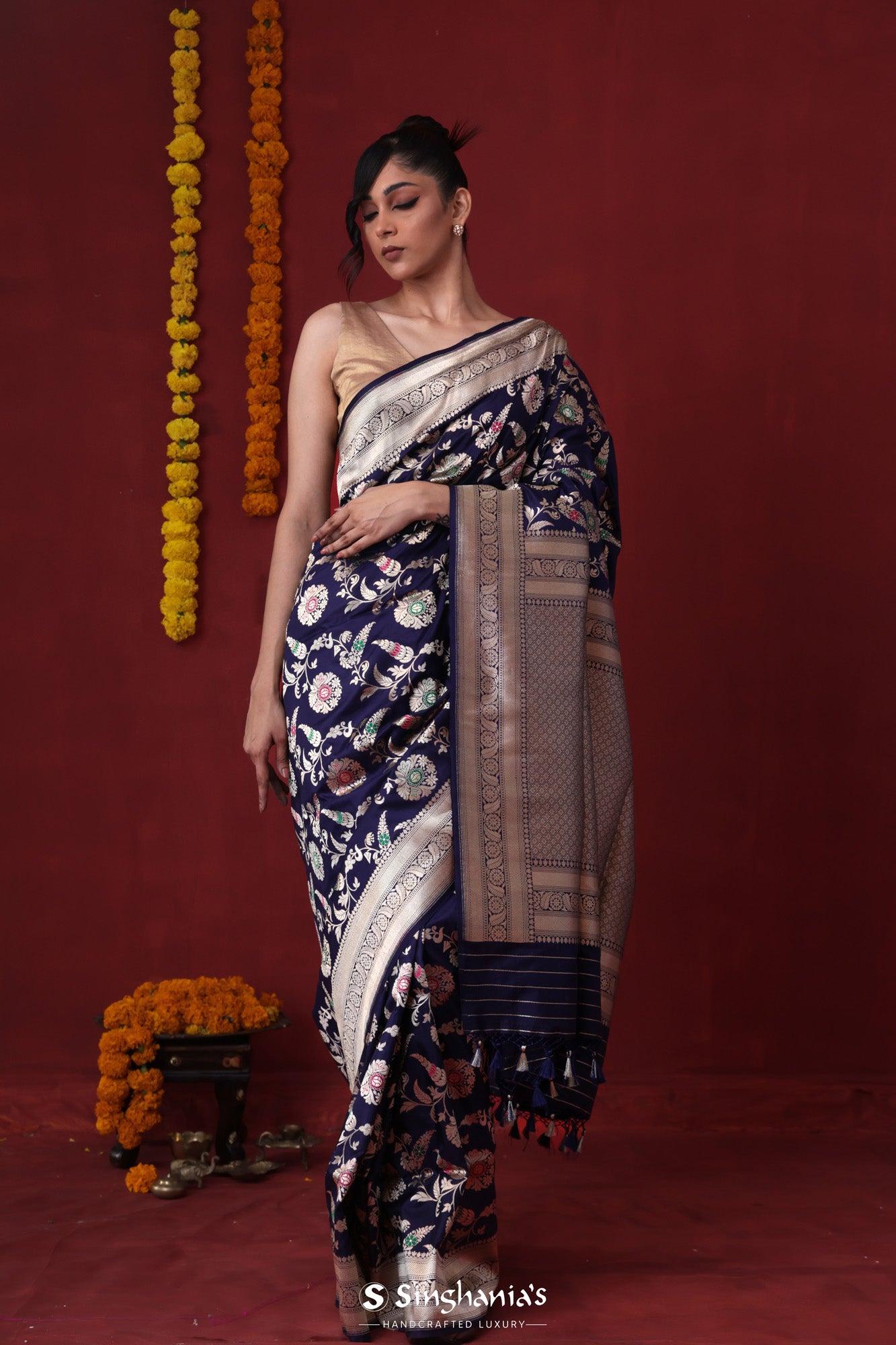 Prussian Blue Banarasi Silk Saree With Floral Jaal Weaving