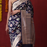 Prussian Blue Banarasi Silk Saree With Floral Jaal Weaving